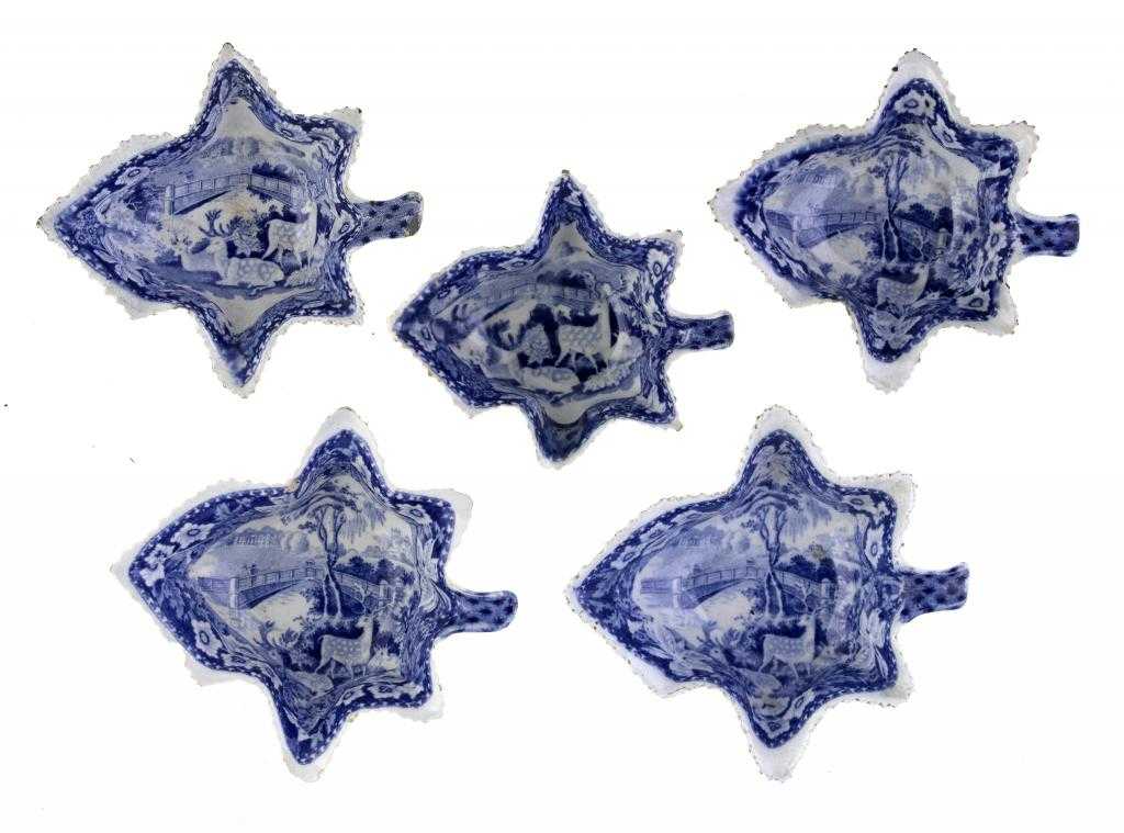 Appraisal: FIVE BLUE PRINTED EARTHENWARE OSTERLEY PARK PATTERN PICKLE DISHES PROBABLY