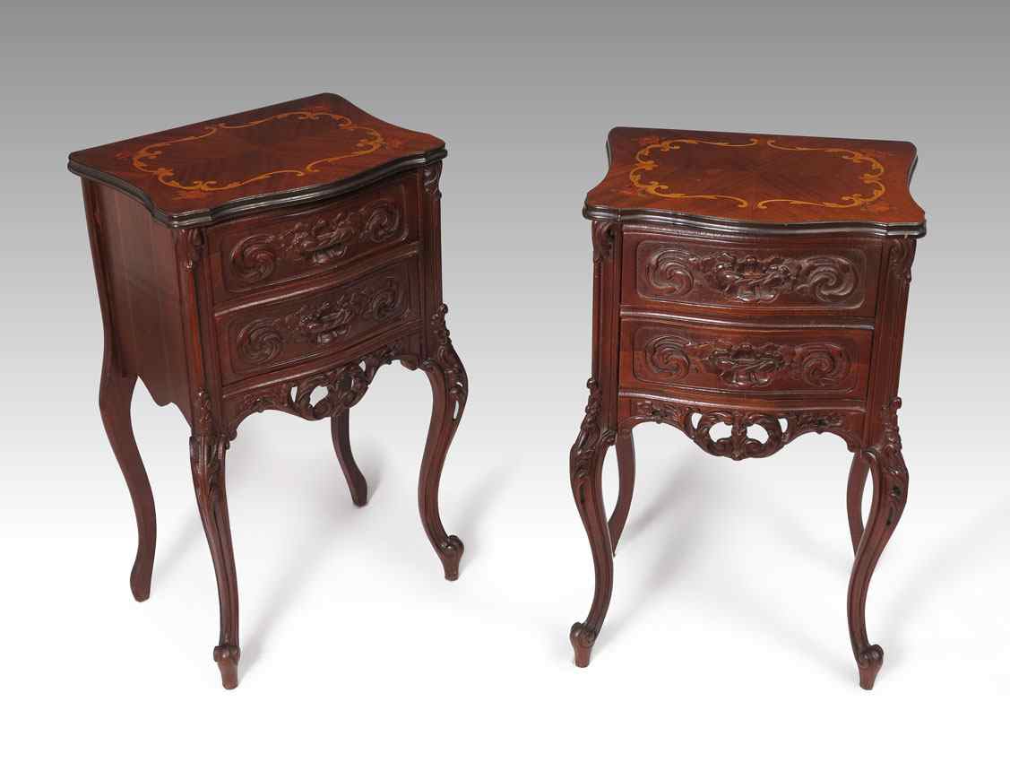 Appraisal: PAIR FRENCH STYLE DRAWER STANDS Inlaid marquetry tops over carved