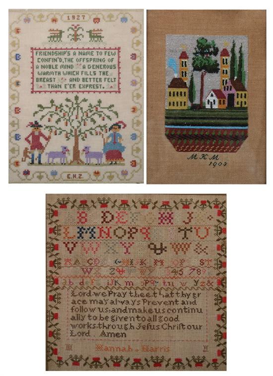 Appraisal: TWO NEEDLEWORK SAMPLERS AND A BEADED PICTURE One an alphabet