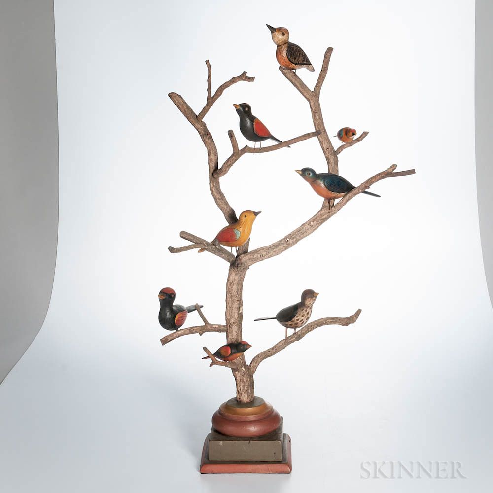 Appraisal: Carved and Painted Folk Art Birds in a Tree Carved