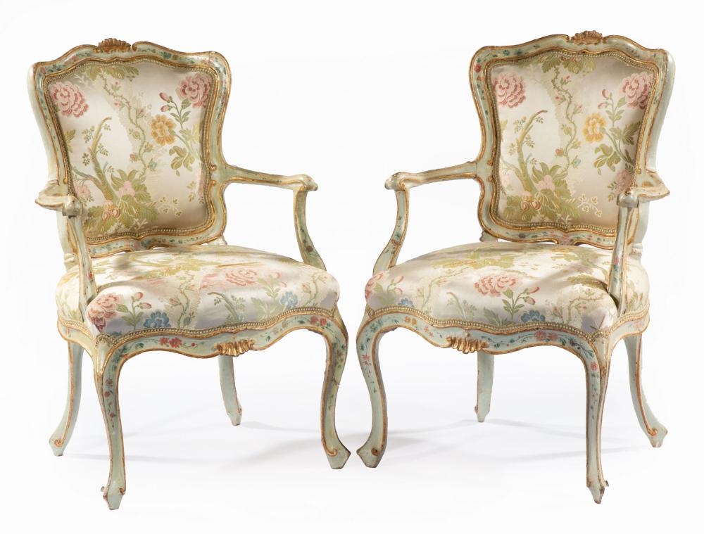 Appraisal: Pair of Venetian Rococo Painted and Parcel Gilt Armchairs late