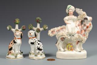 Appraisal: Miniature Staffordshire Figures inc bocage dogs Three miniature Staffordshire ceramic