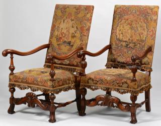 Appraisal: Baroque Continental Needlepoint Chairs Companion pair of Baroque style walnut