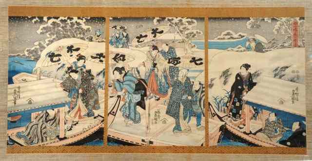 Appraisal: TOYOKUNITriptych woodblock print showing numerous people on junks beside a