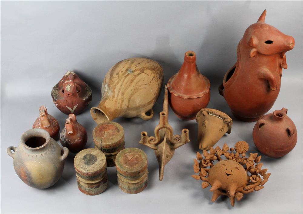 Appraisal: GROUP OF MEXICAN EARTHENWARE VESSELS including multiple bird-form pitchers a