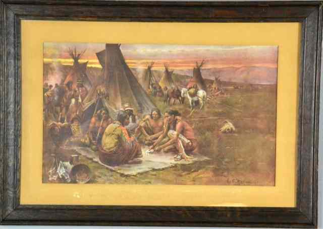 Appraisal: Early Lithograph of Native Americans TeepeesFramed colored offset lithograph of