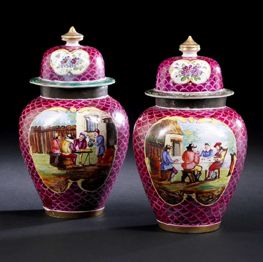 Appraisal: Pair of French Polychromed Faience Covered Vases in the th-century