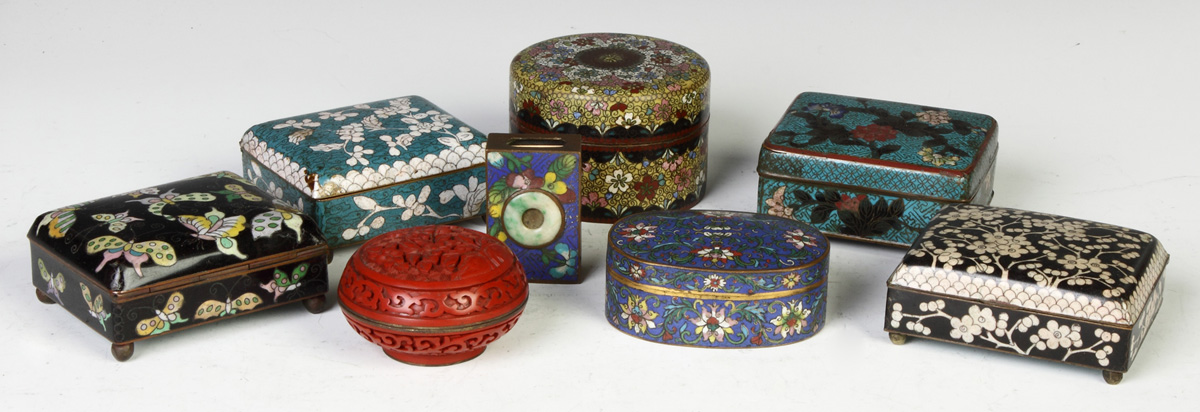 Appraisal: Chinese Cloisonn Covered Boxes Incl match safe cinnabar