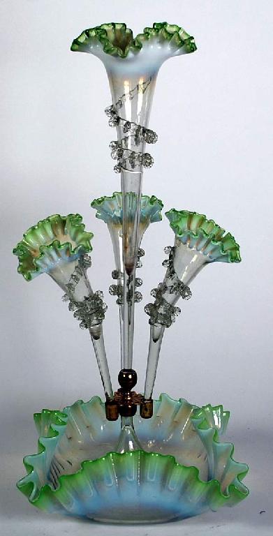 Appraisal: VICTORIAN GREEN TINTED FOUR VASE VASELINE GLASS TABLE EPERGNE the