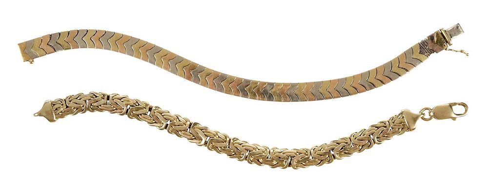 Appraisal: Two kt Bracelets herringbone tri-color design stamped Kt Italy yellow