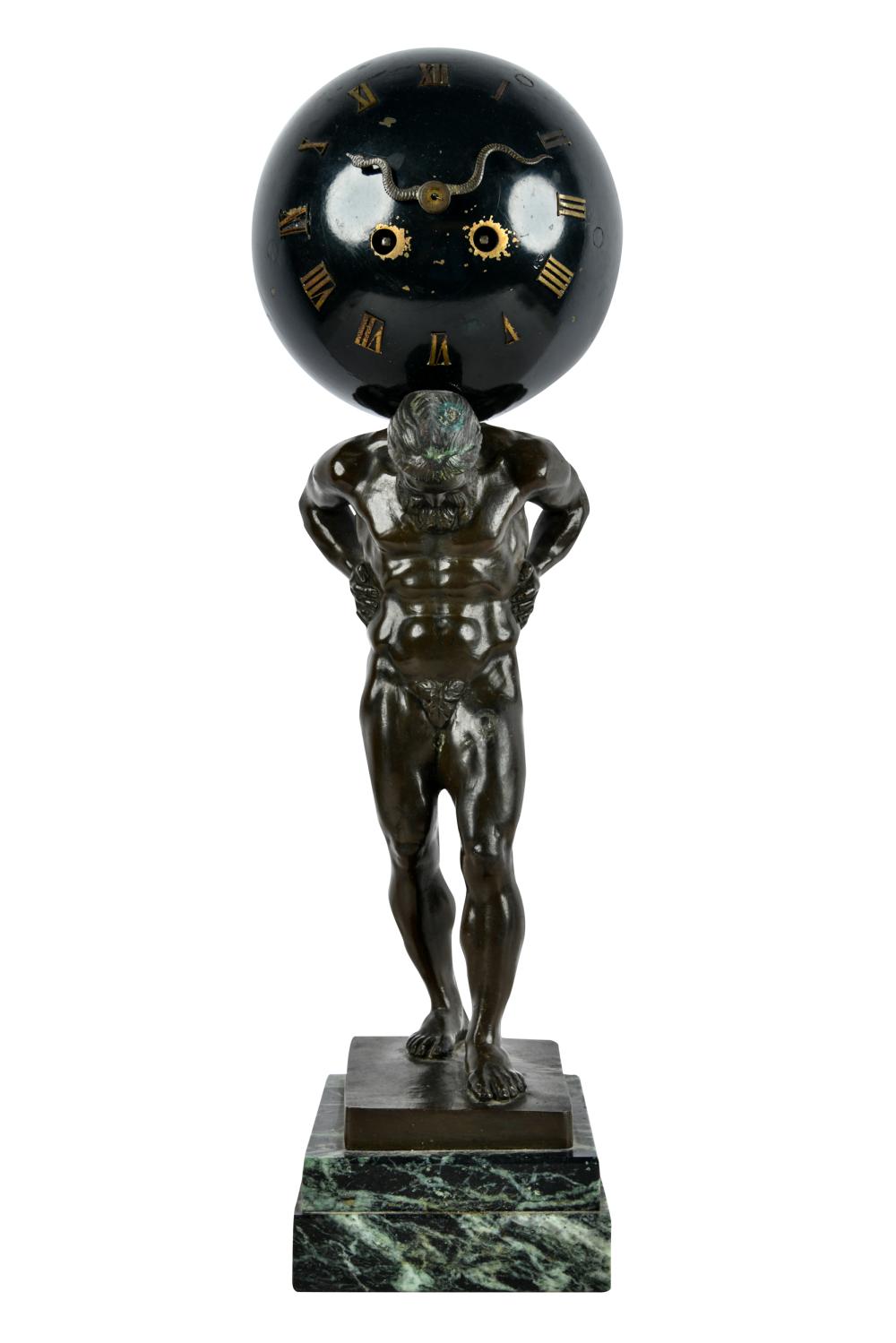 Appraisal: PATINATED BRONZE FIGURAL CLOCKmodeled as Atlas mounted to a green