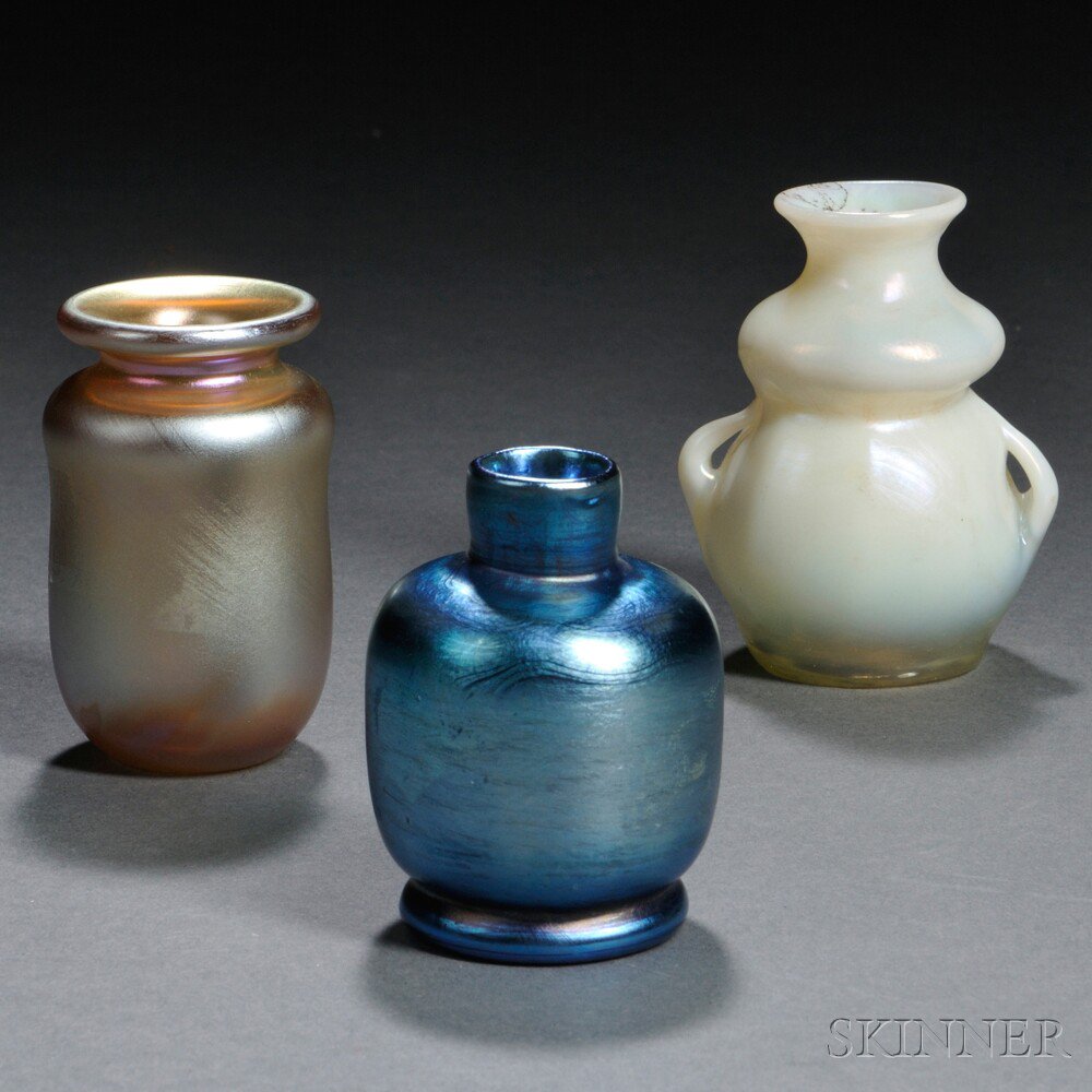 Appraisal: Three Miniature Tiffany Favrile Vases Art glass New York early