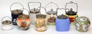 Appraisal: PORCELAIN AND GLASS BISCUIT BARRELS C PIECES PORCELAIN AND GLASS