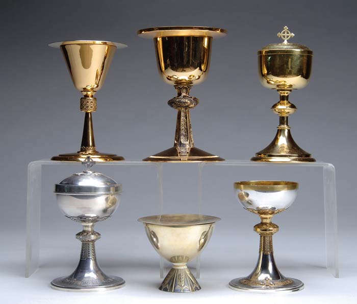 Appraisal: FINE LOT OF SIX ECCLESIASTICAL CHALICE S AND CIBORIUM S