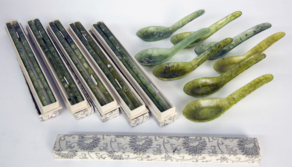 Appraisal: Set of Chinese Jadeite Soup Spoons and Jadeite Chopsticks Set