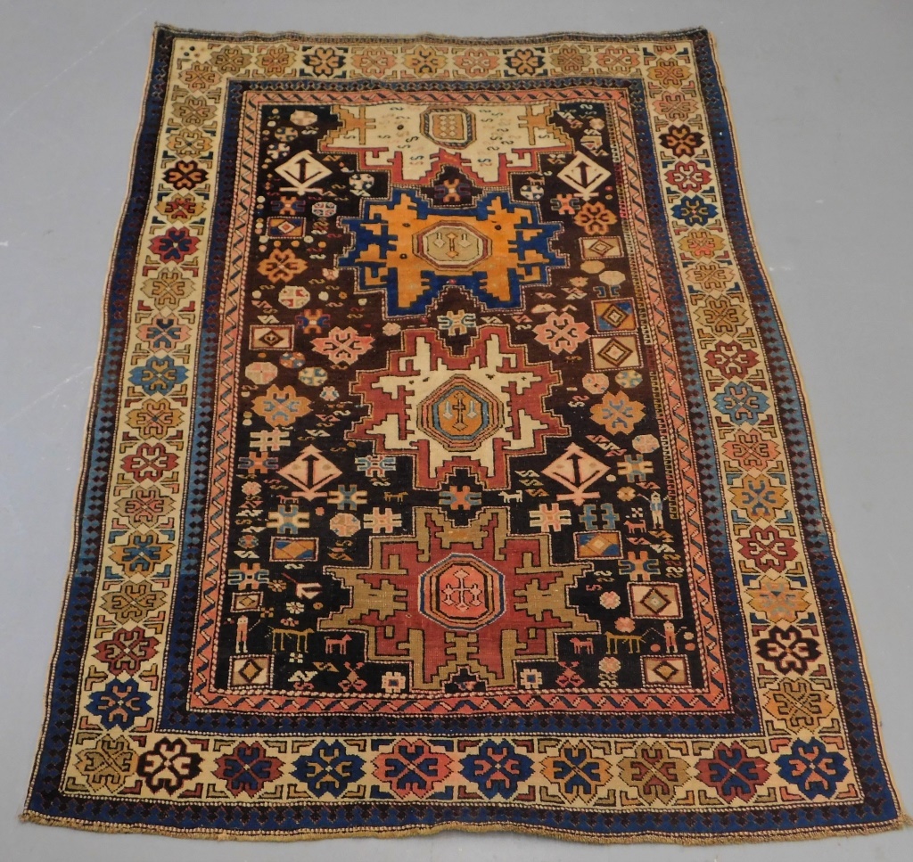 Appraisal: ANTIQUE CAUCASIAN SHIRVAN PICTORIAL CARPET RUG Caucasus Region Early th