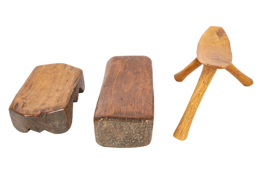 Appraisal: THREE PRIMITIVE STOOLS STANDSProvenance The Estate of Arnold and Joan