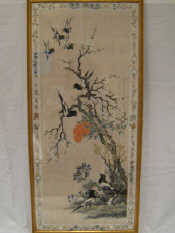 Appraisal: Chinese painting on silk 'Red Vented Bulbuls on Blossom' unsigned