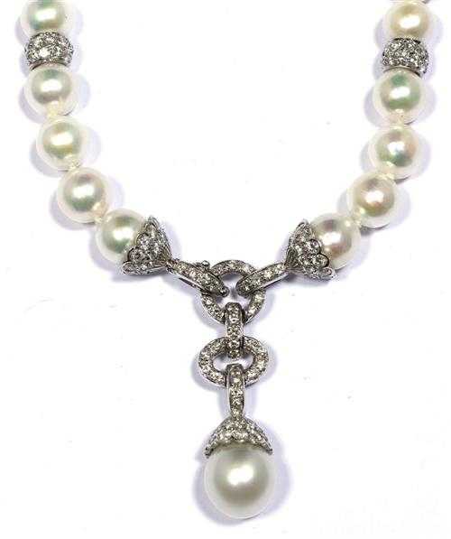 Appraisal: PEARL AND BRILLIANT-CUT DIAMOND NECKLACE White gold Fancy Y -shaped