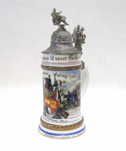 Appraisal: GERMAN REGIMENTAL PORCELAIN STEIN L with lithopane bottom figural pewter