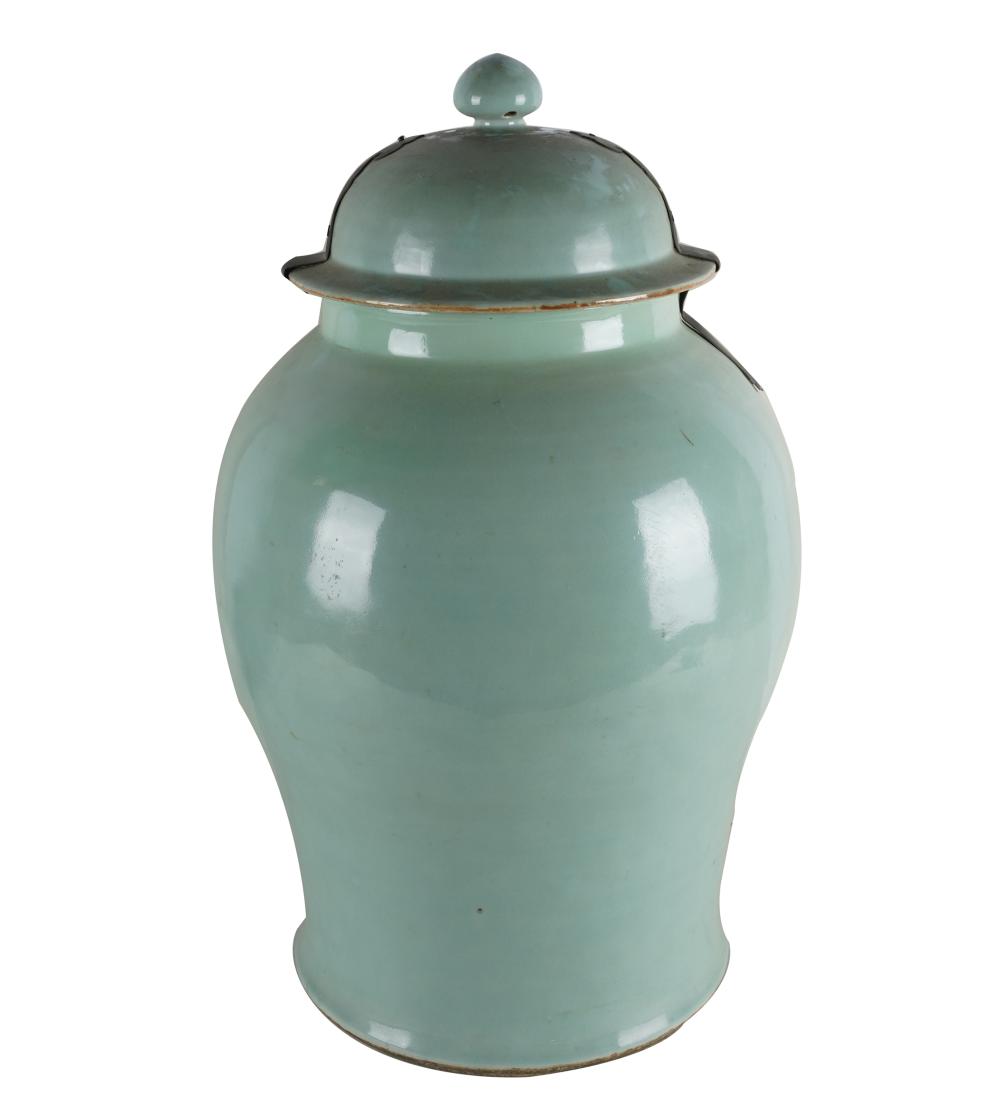 Appraisal: CHINESE GREEN-GLAZED CERAMIC JARunsigned with iron mounts to lid Condition