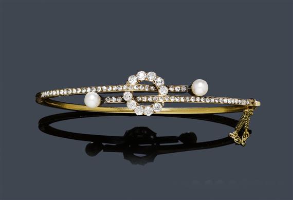 Appraisal: DIAMOND AND PEARL BANGLE Vienna ca Yellow gold Charming bangle