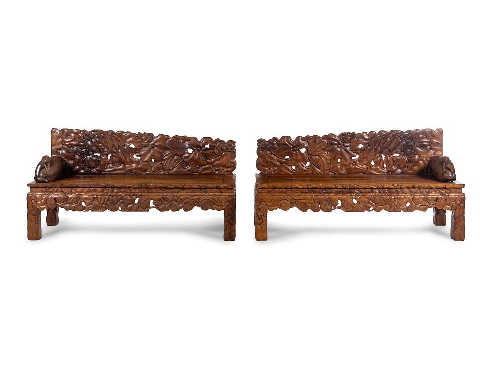 Appraisal: A Pair of Chinese Export Carved Hardwood Benches A Pair