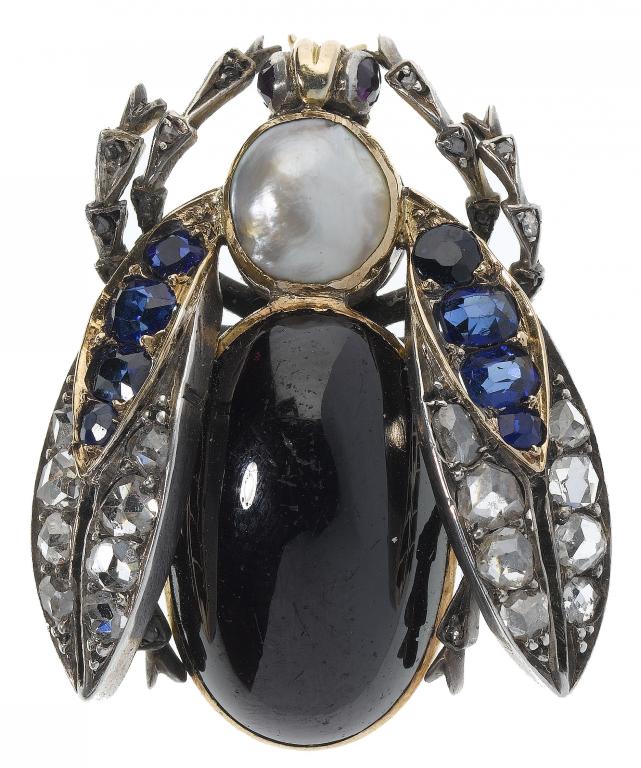 Appraisal: A DIAMOND SAPPHIRE FOILED GARNET AND BLISTER PEARL BEE BROOCH