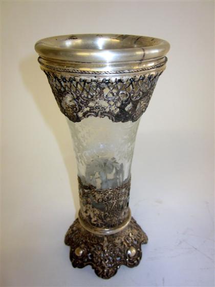 Appraisal: Continental etched glass silver mounted sleeve vase late th century