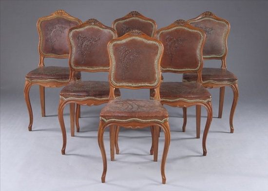 Appraisal: SET SIX LOUIS XV STYLE LEATHER-UPHOLSTERED SIDECHAIRS early th century