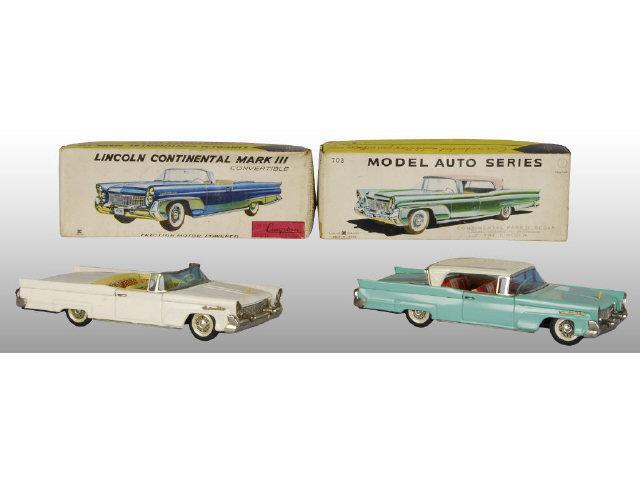 Appraisal: Lot of Japanese Tin Friction Cars with Boxes Description Lincoln