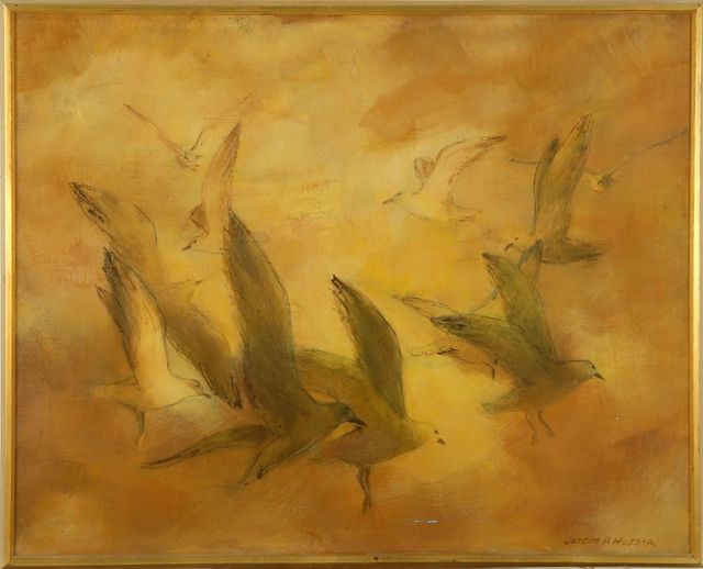 Appraisal: JOSEPH P HUSSARAmerican th CenturyFlock of seagulls in flight Signed