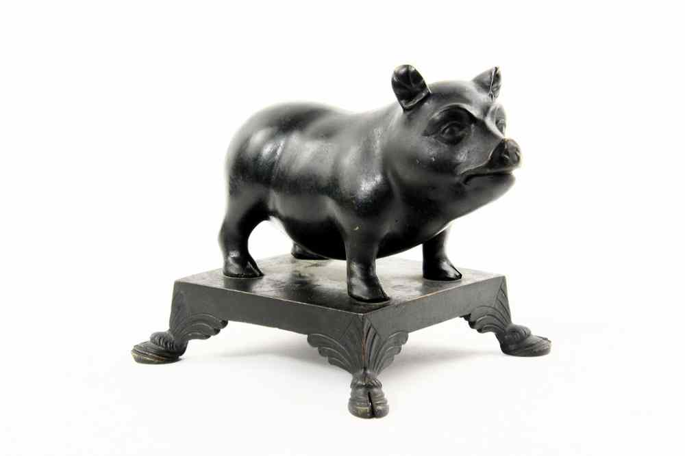 Appraisal: BRONZE SCULPTURE - Standing Pig on Cloven-Footed Plinth with inscription