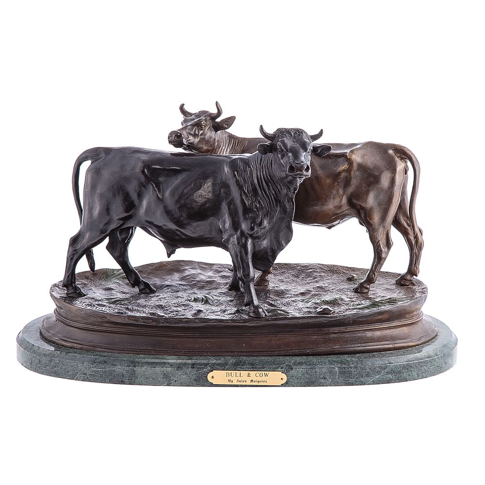 Appraisal: After Jules Moigniez Cow Bull Bronze Group With painted accents