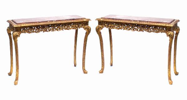 Appraisal: A pair of Louis XV style console tables with marble