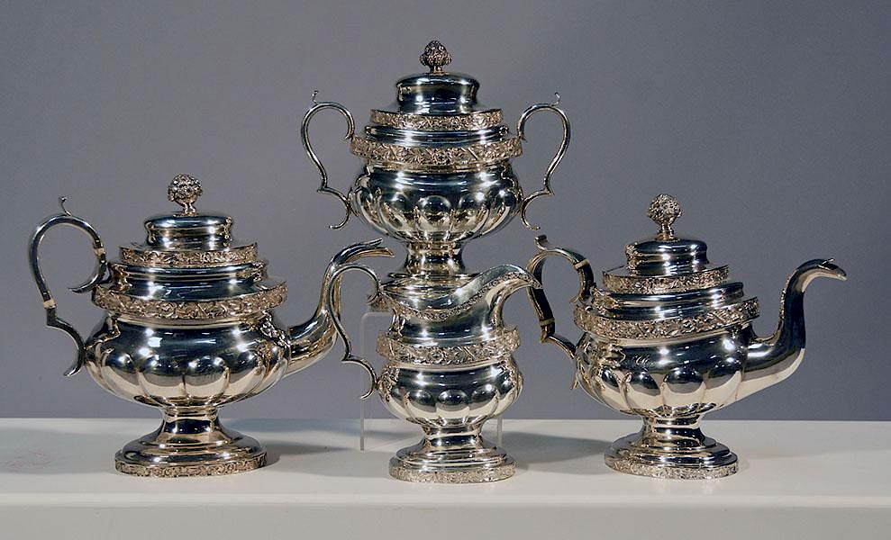 Appraisal: Coin Silver Tea Set ca 's Four pieces assembled New