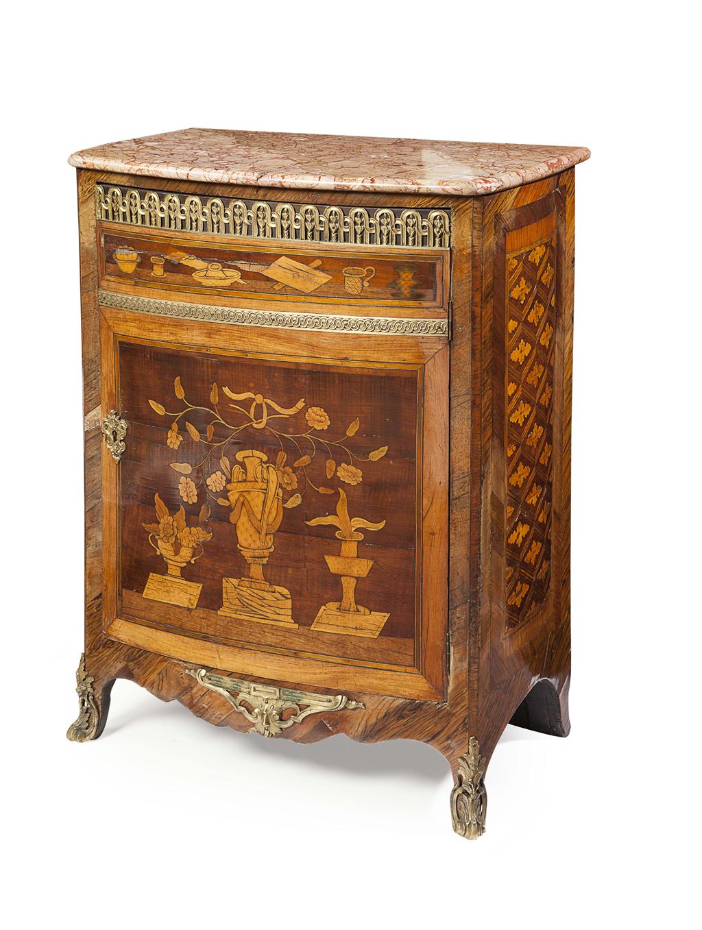 Appraisal: FRENCH LOUIS XV MARBLE TOPPED KINGWOOD AND MARQUETRY GILTMETAL MOUNTED