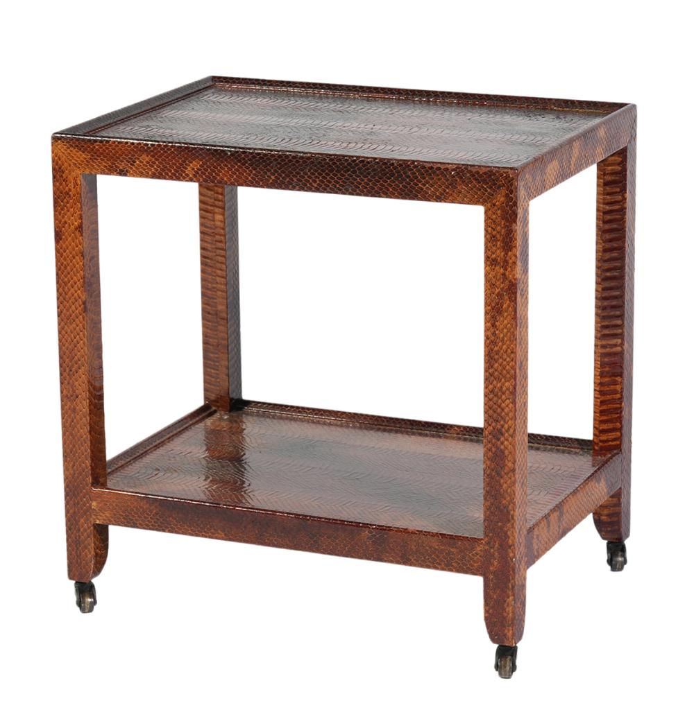 Appraisal: KARL SPRINGER STYLE PYTHON SIDE TABLESide table telephone table style