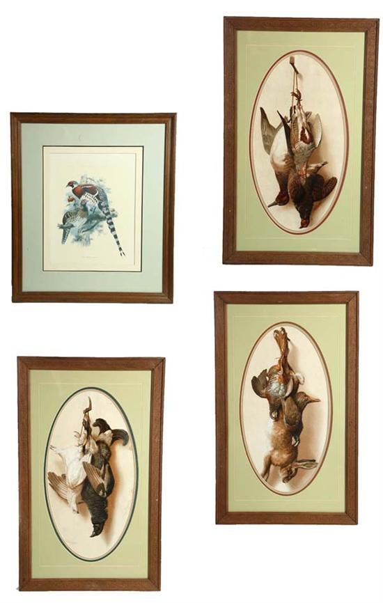 Appraisal: FOUR FRAMED GAME PRINTS Three chromolithographs of dead game h