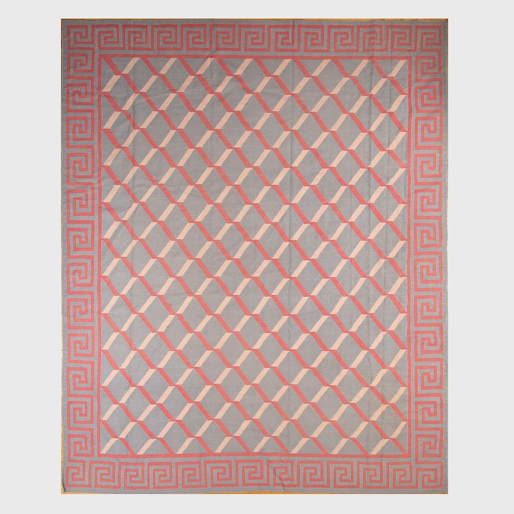 Appraisal: Modern Grey Pink and Red Geometric Flatweave Carpet Unlined ft