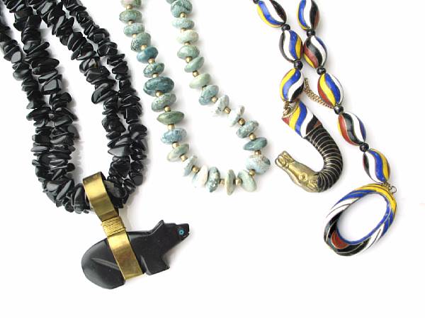 Appraisal: A group of five tumbled bead and one enamel necklaces