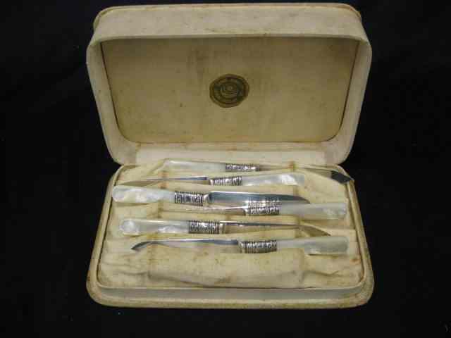 Appraisal: Mother-of-Pearl Handled Fruit Knives sterling ferrules original box