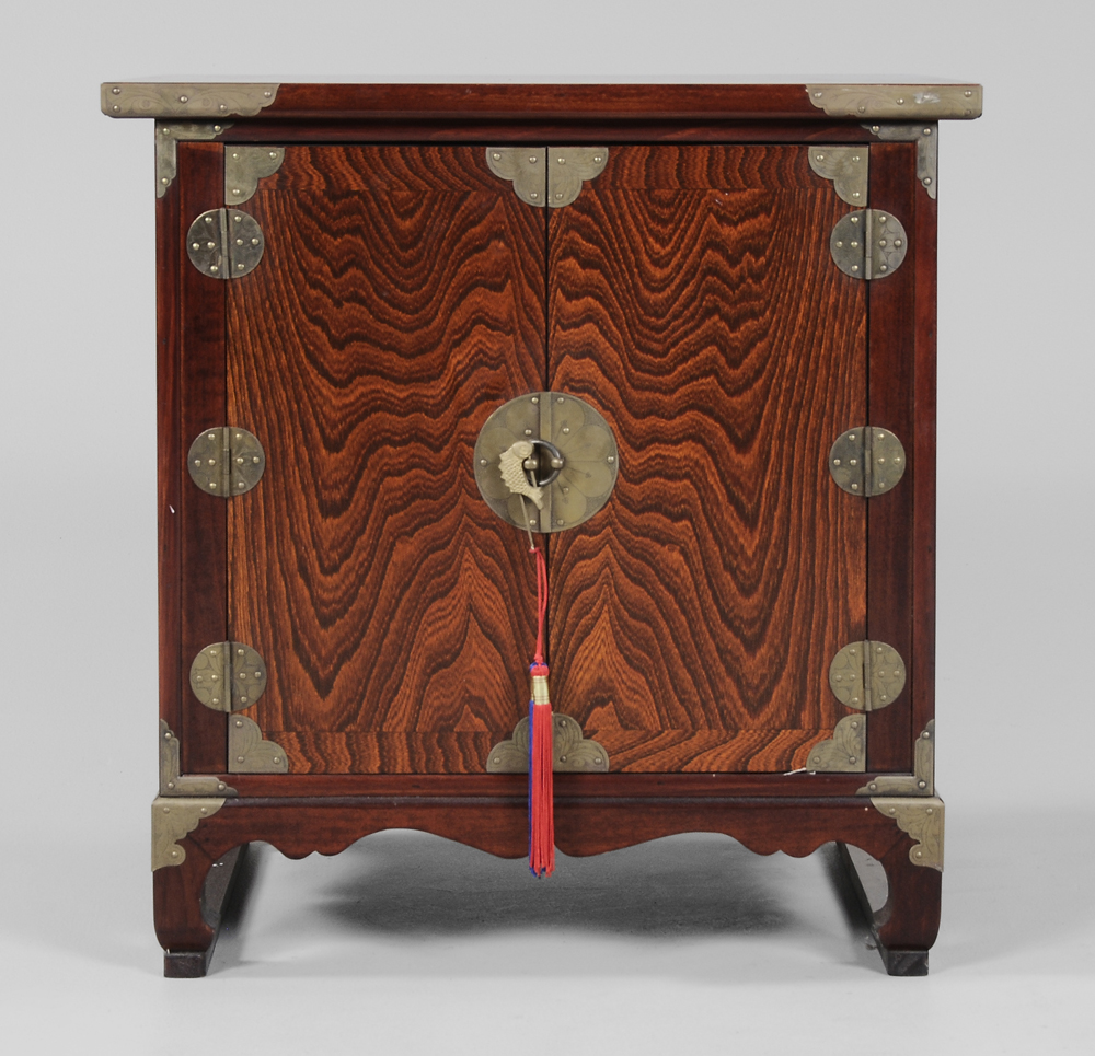 Appraisal: Figured Hardwood Brass-Mounted Tabletop Cabinet Chinese modern open interior with