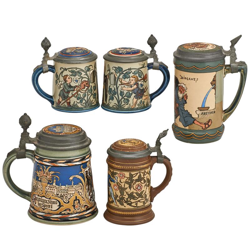 Appraisal: METTLACH ETCHED STEINS Five Two number quarter liters one quarter