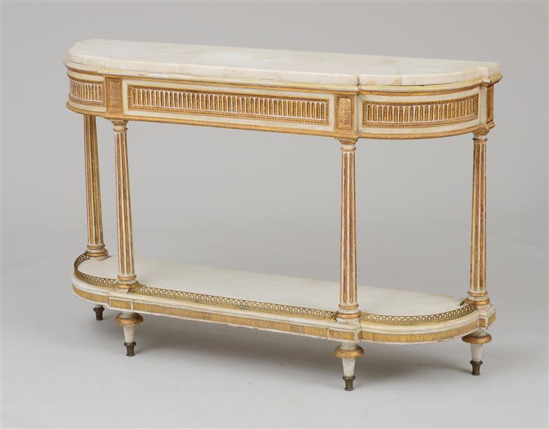 Appraisal: PAIR OF LOUIS XVI STYLE ORMOLU-MOUNTED CREAM-PAINTED AND PARCEL-GILT CONSOLES