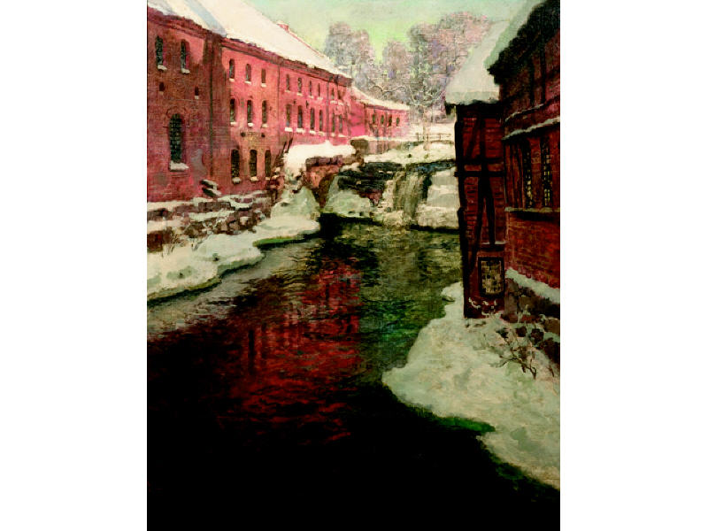 Appraisal: FRITS THAULOW NORWEGIAN - Snowy city scene with stream and