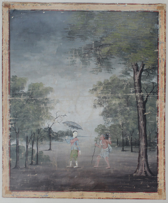 Appraisal: FAR EASTERN LANDSCAPE WITH FIGURES Probably Indian Oil Canvas un-stretched