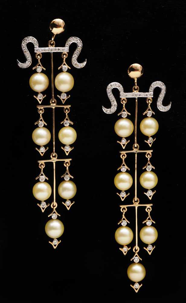 Appraisal: PAIR OF YELLOW GOLD GOLDEN PEARL AND DIAMOND CHANDELIER EARRINGS