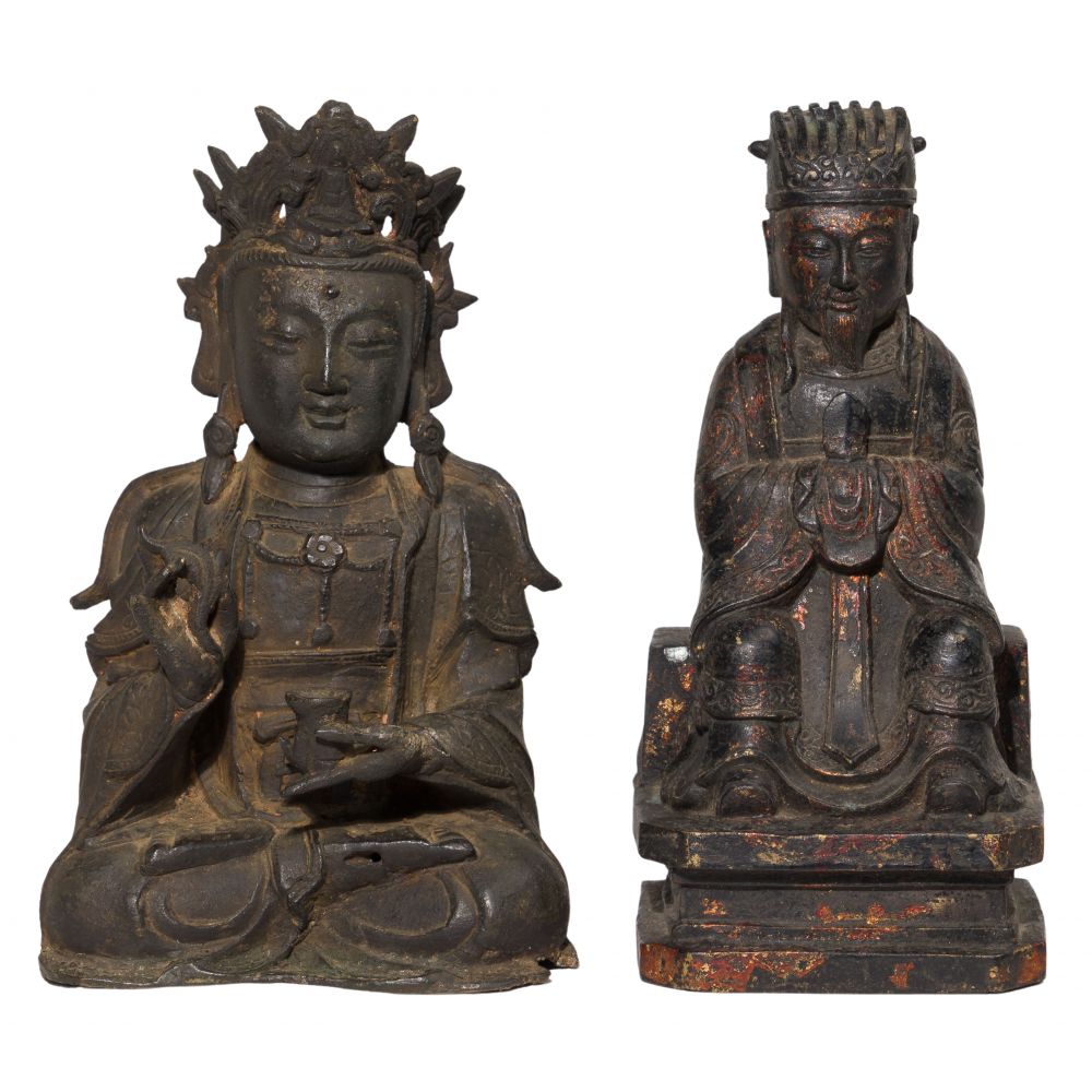 Appraisal: CHINESE MING-STYLE BRONZE BUDDHA FIGURINES seated statues having remnants of