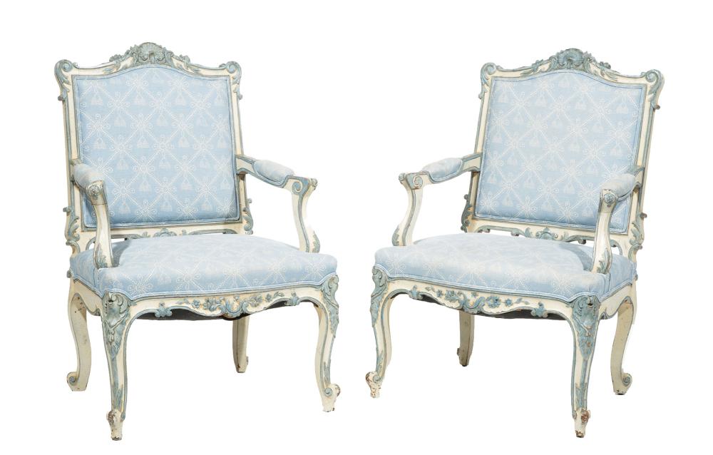 Appraisal: Pair of Louis XV-Style Paint-Decorated Fauteuils th c shell-carved crest